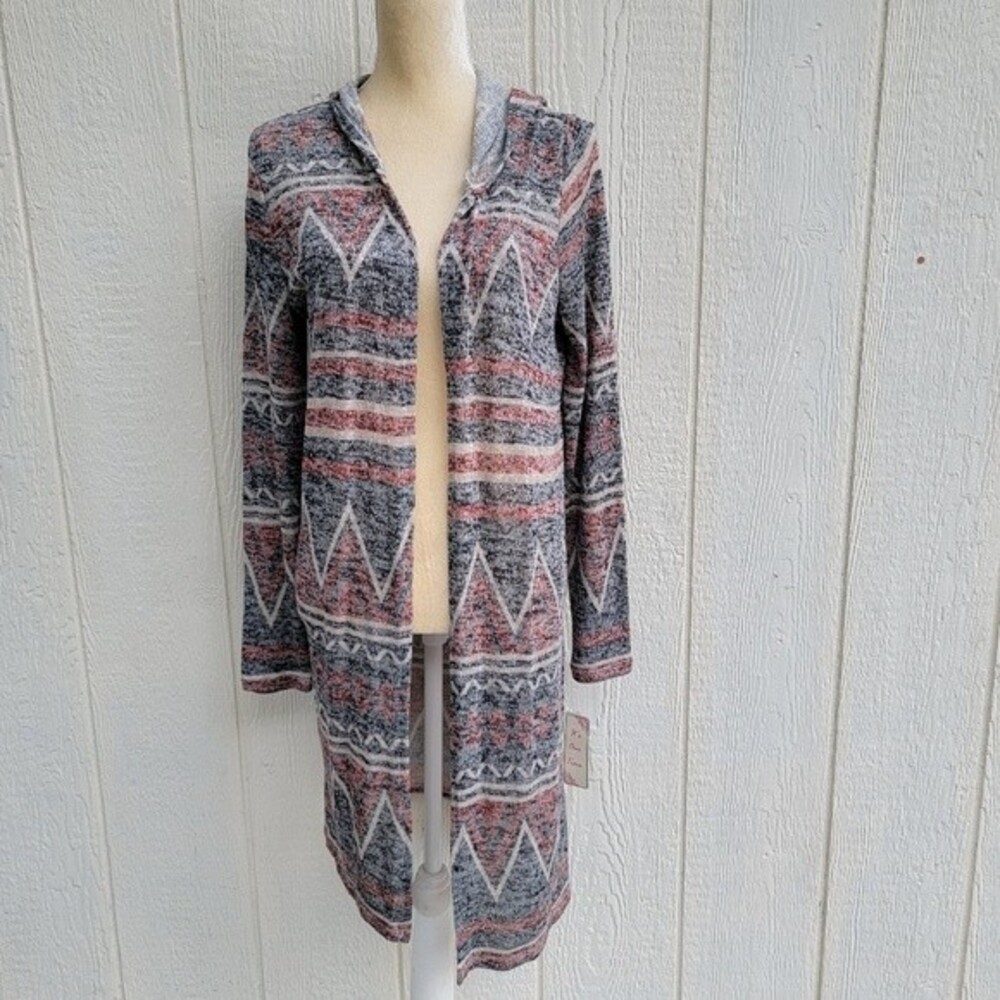 new with tag its our time printed knit hooded open front cardigan duster sz Larg
